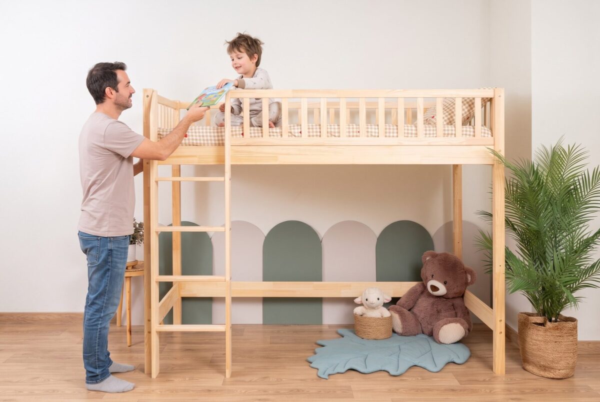 KOSMO Loft Bed – in the children's room (family) KOSMO Loft Bed in pine wood in a children's room