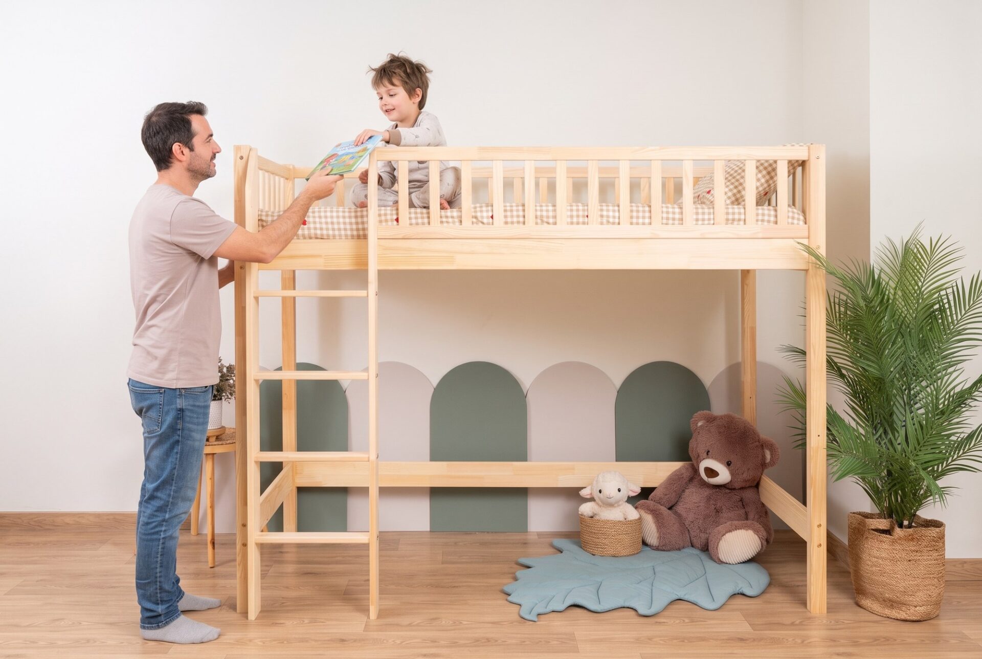 KOSMO Loft Bed – in the children's room (family) KOSMO Loft Bed in pine wood in a children's room