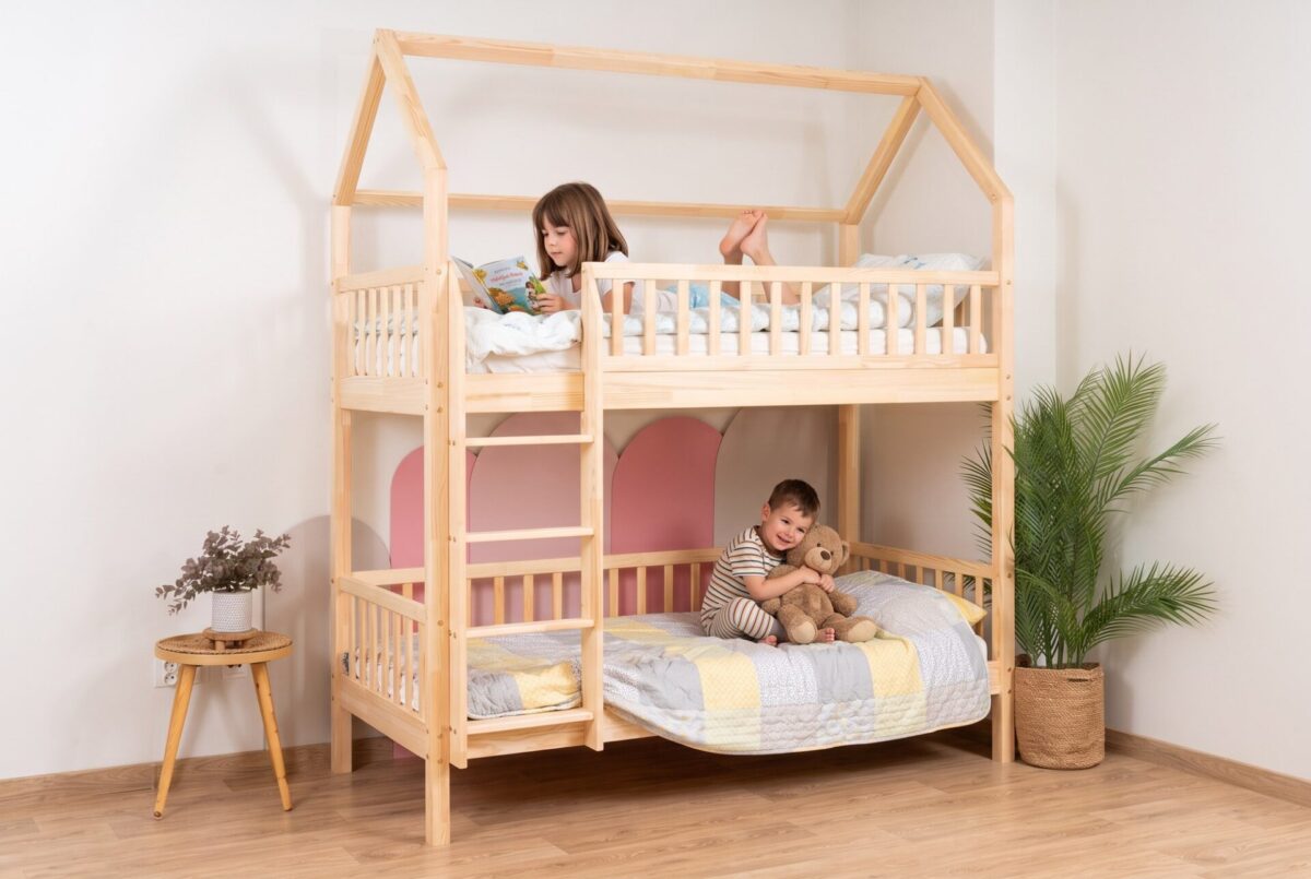 KOSMO Long Bunk Bed in pine wood in a children's room
