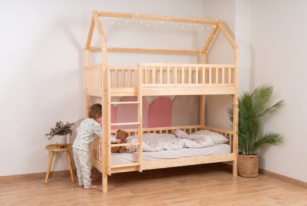 KOSMO Long Bunk Bed in pine wood in a children's room