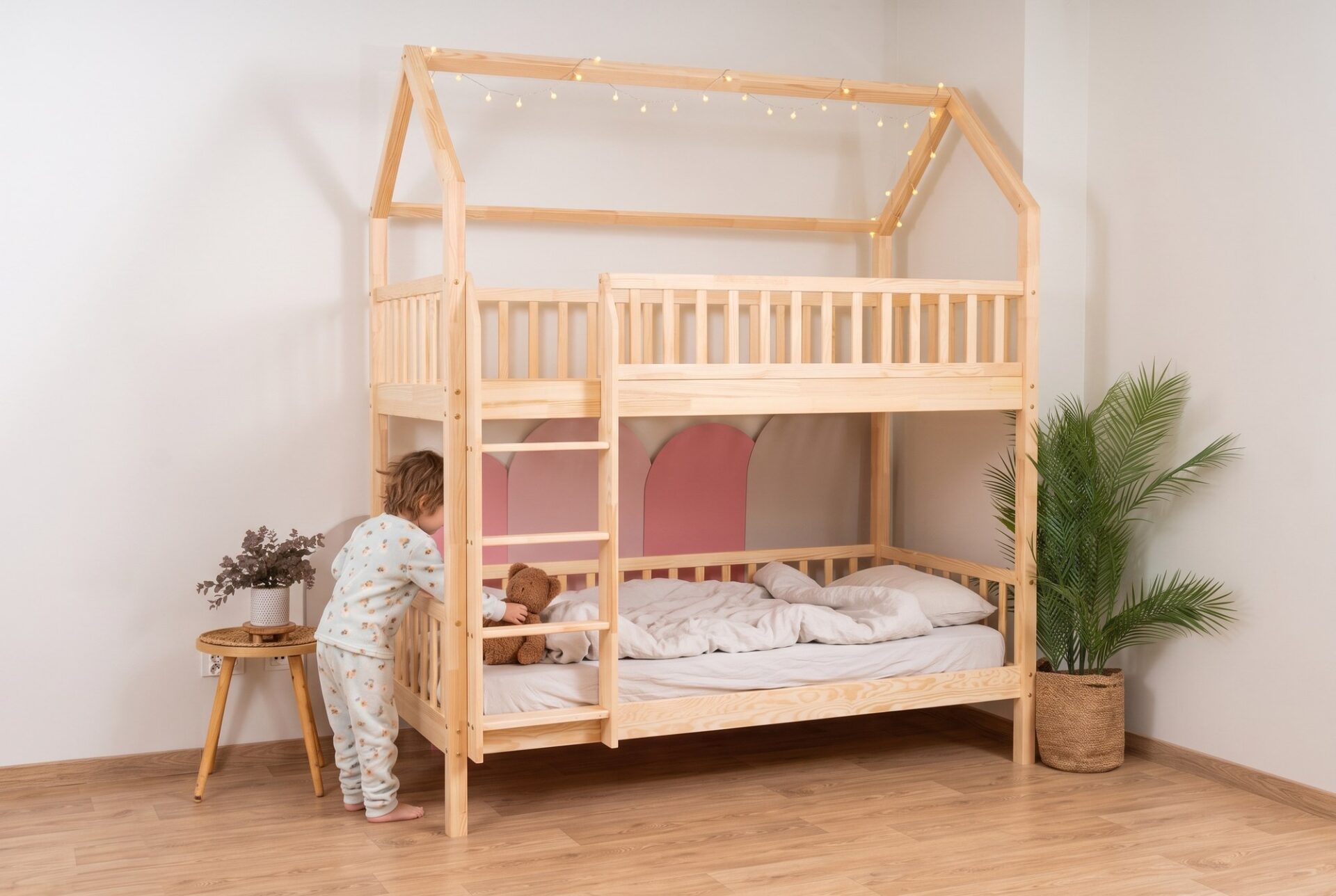 KOSMO Long Bunk Bed in pine wood in a children's room