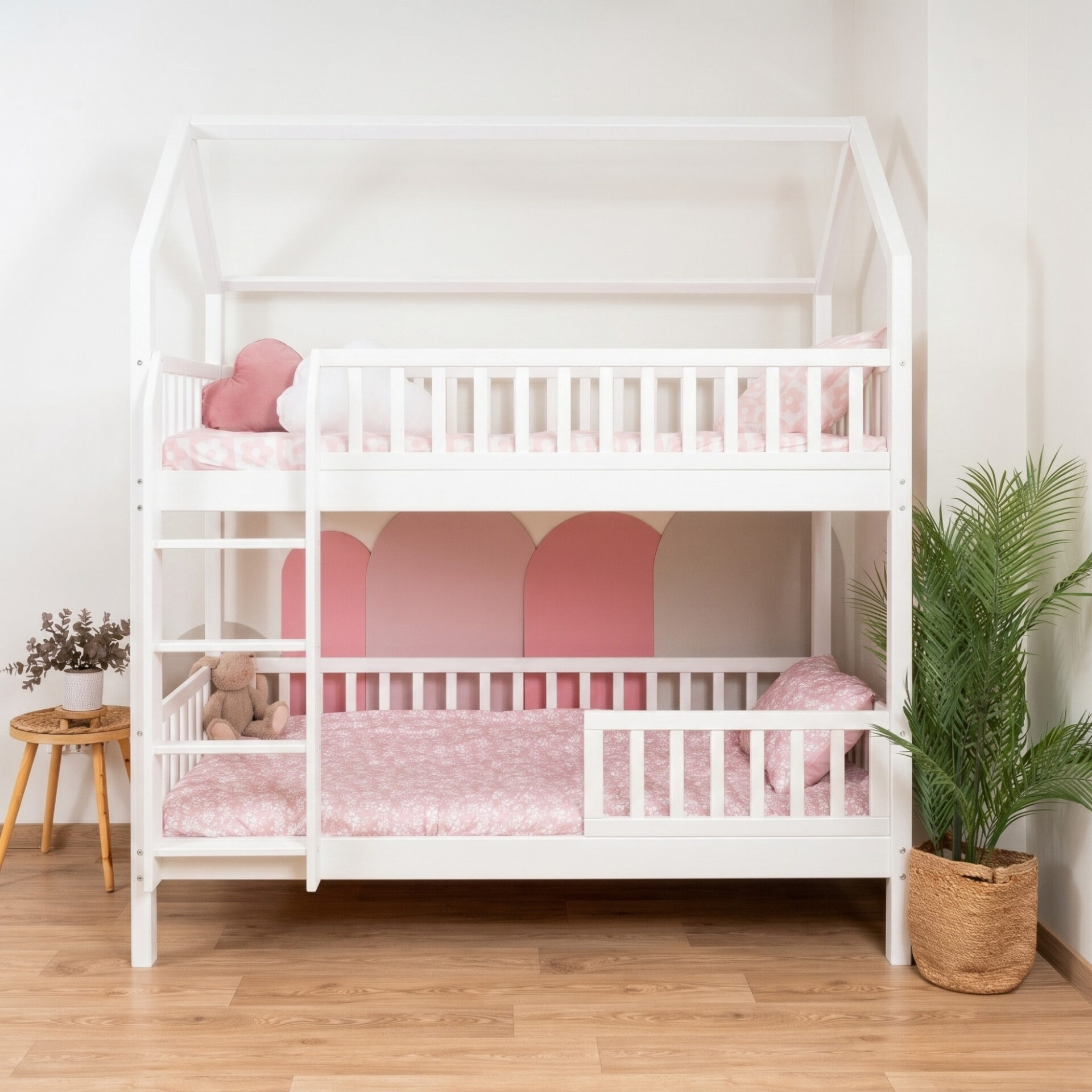 KOSMO Long Bunk Bed in pine wood, white, with lower guard rail