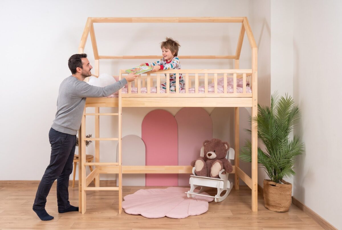 KOSMO Long Loft Bed in pine wood in a children's room