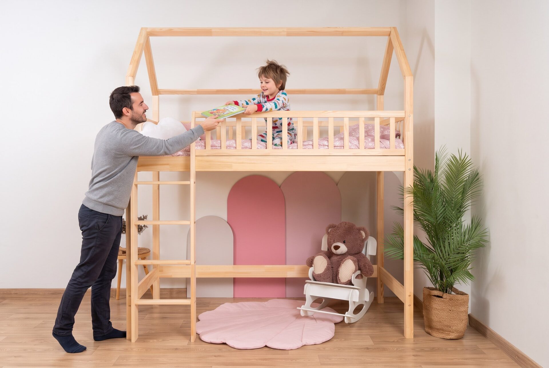 KOSMO Long Loft Bed in pine wood in a children's room