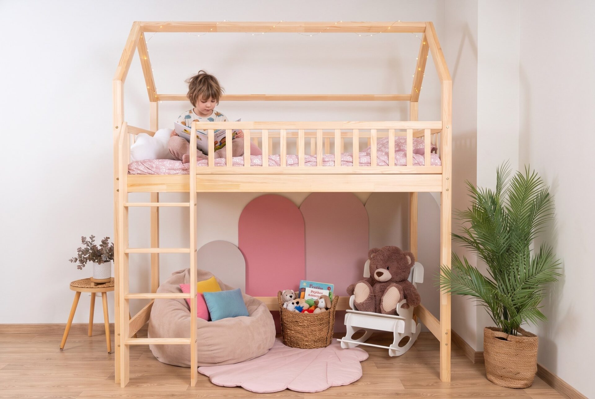 KOSMO Long Loft Bed in pine wood in a children's room