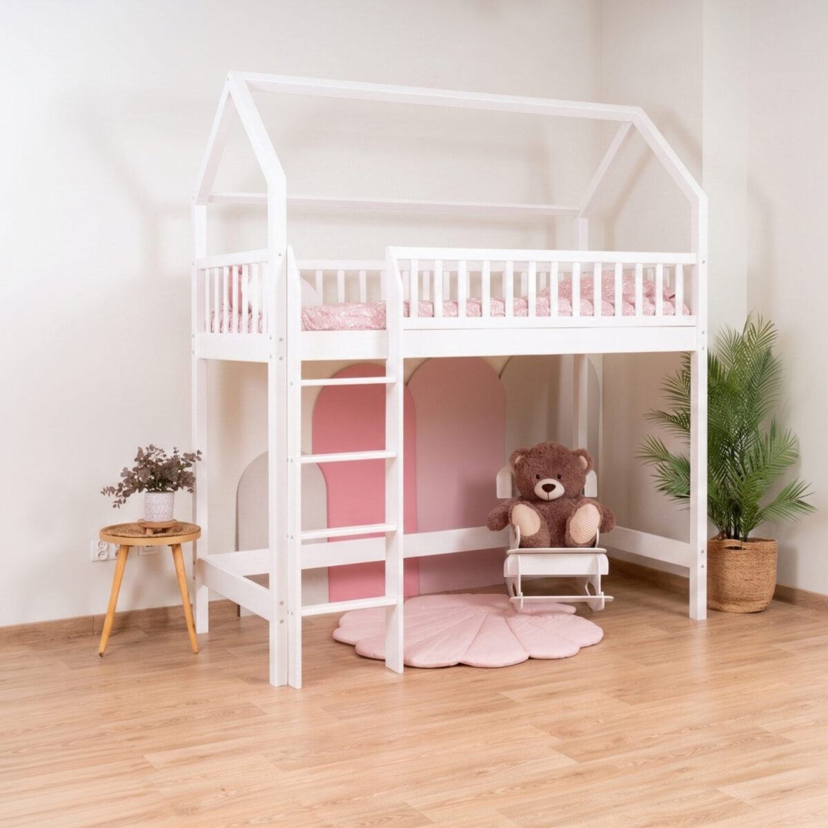 KOSMO Long Loft Bed in pine wood, white