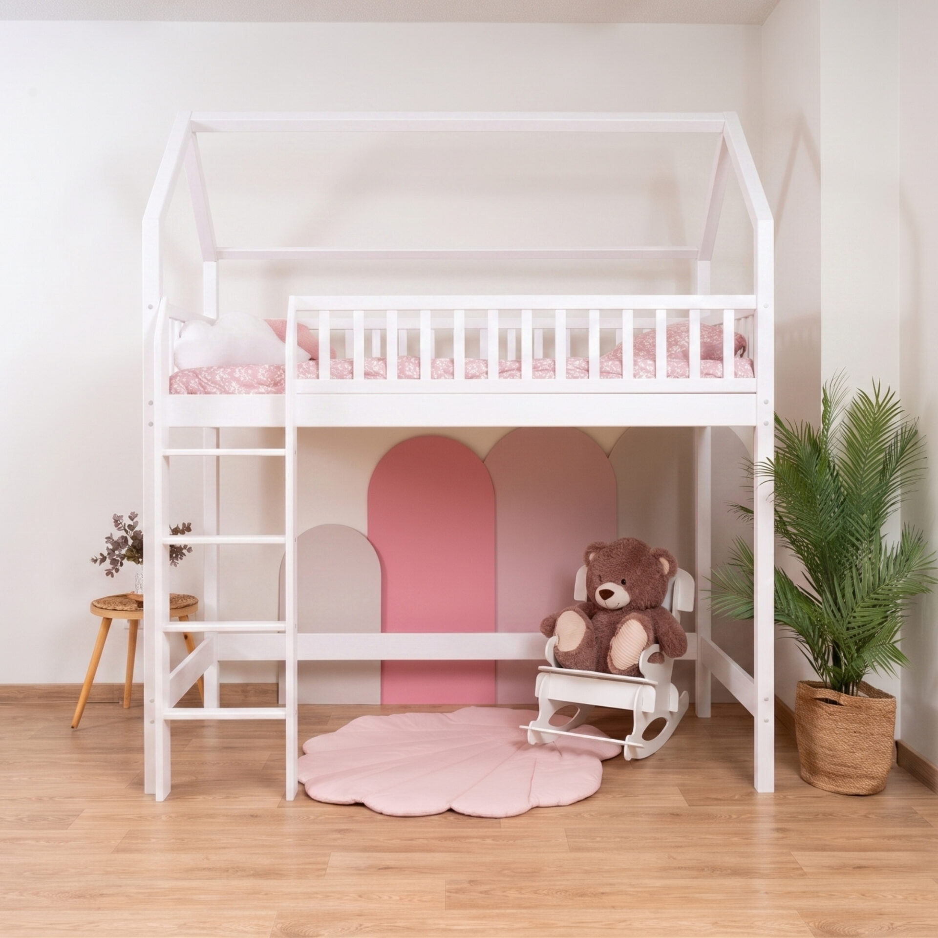 KOSMO Long Loft Bed in pine wood, white
