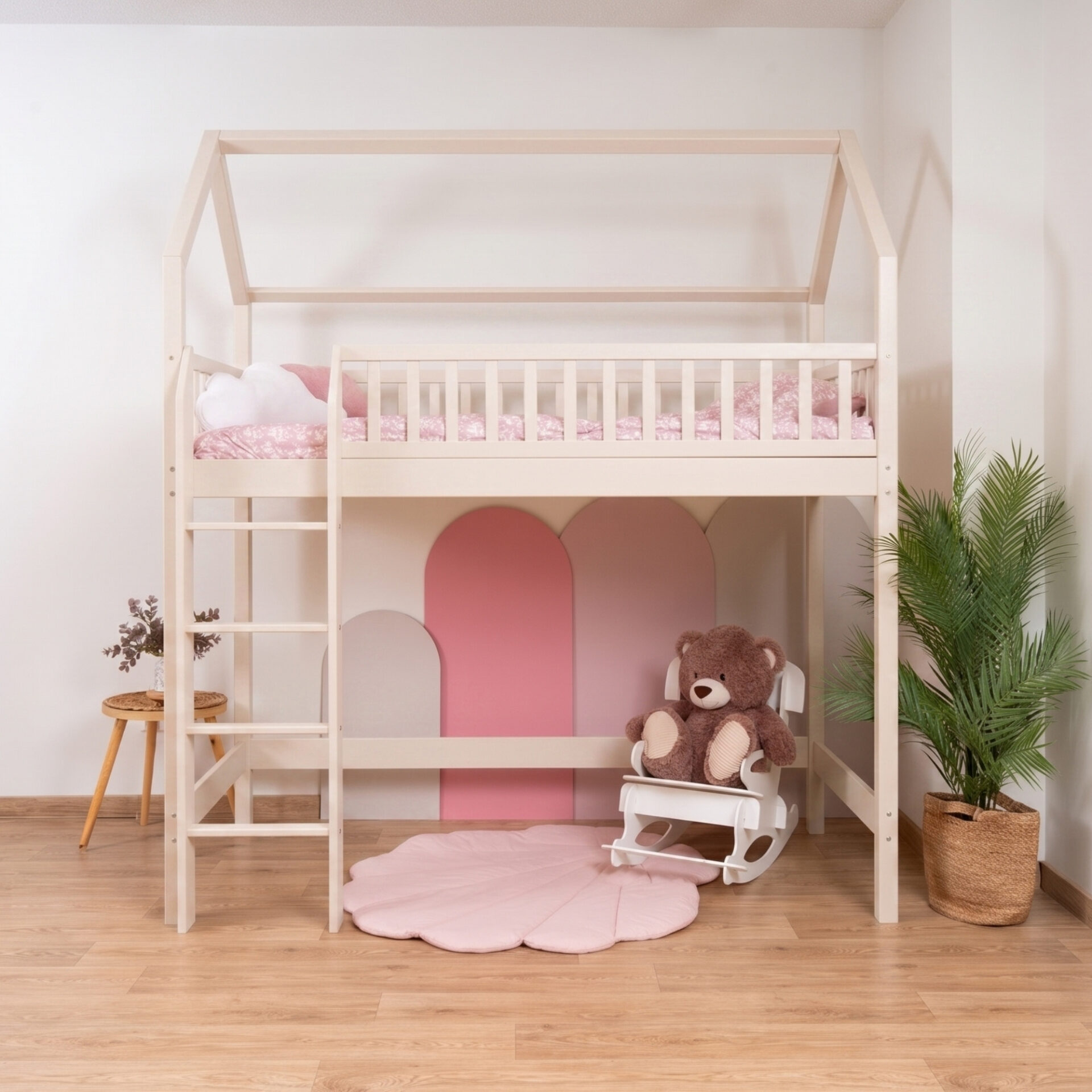 KOSMO Long Loft Bed in pine wood, cashmere