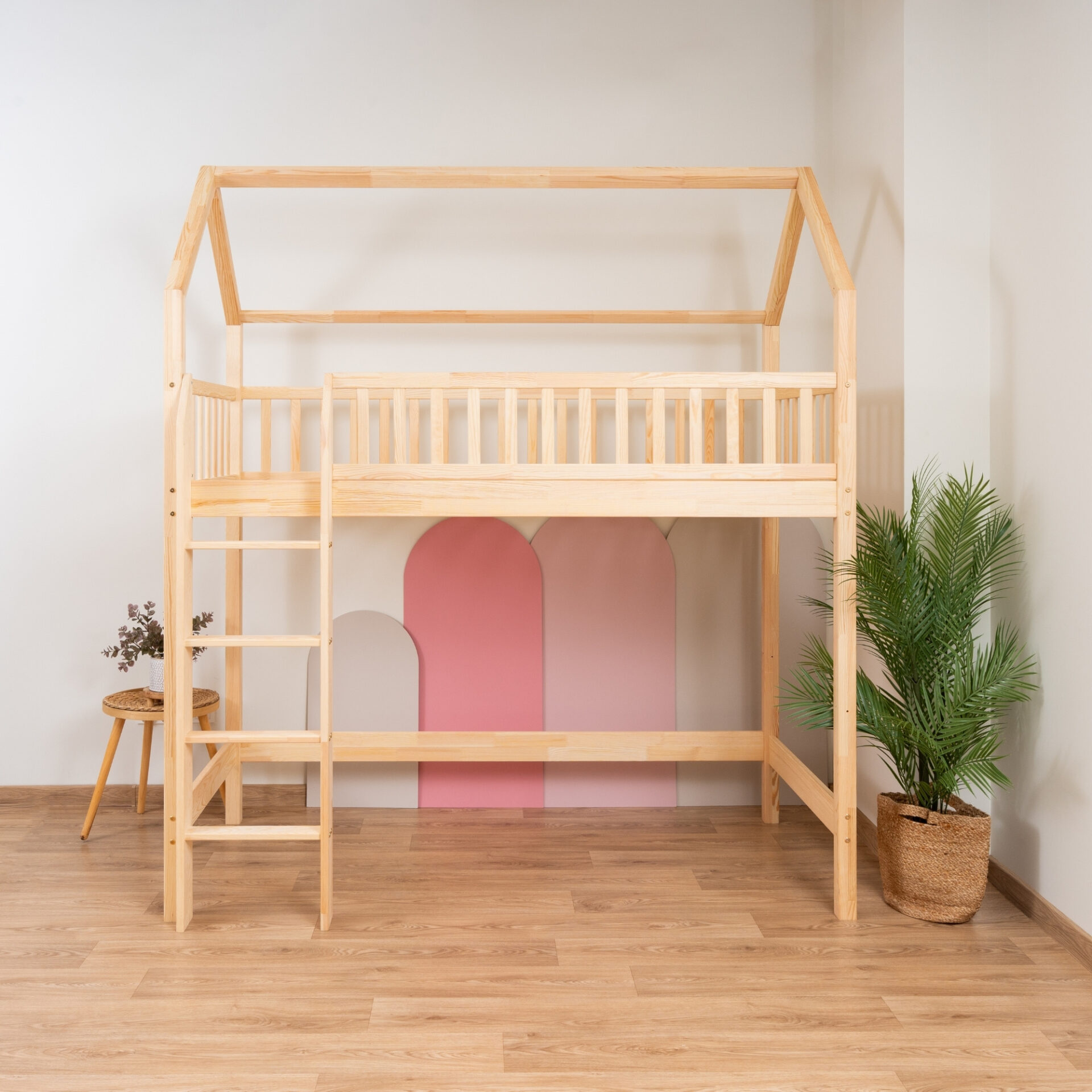KOSMO Long Loft Bed in pine wood, natural pine