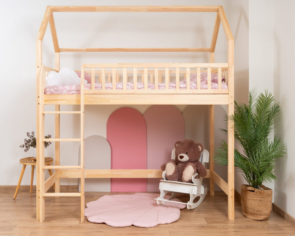 KOSMO Long Loft Bed in pine wood, natural pine