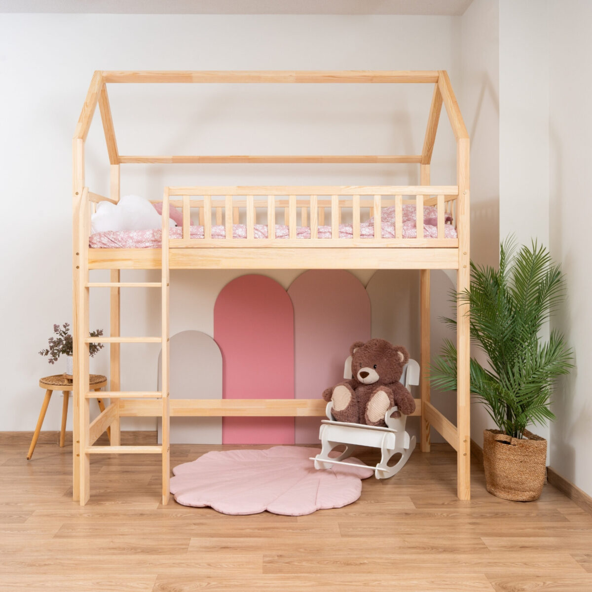 KOSMO Long Loft Bed in pine wood, natural pine