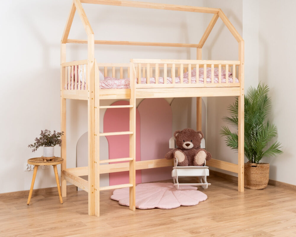 KOSMO Long Loft Bed in pine wood, natural pine