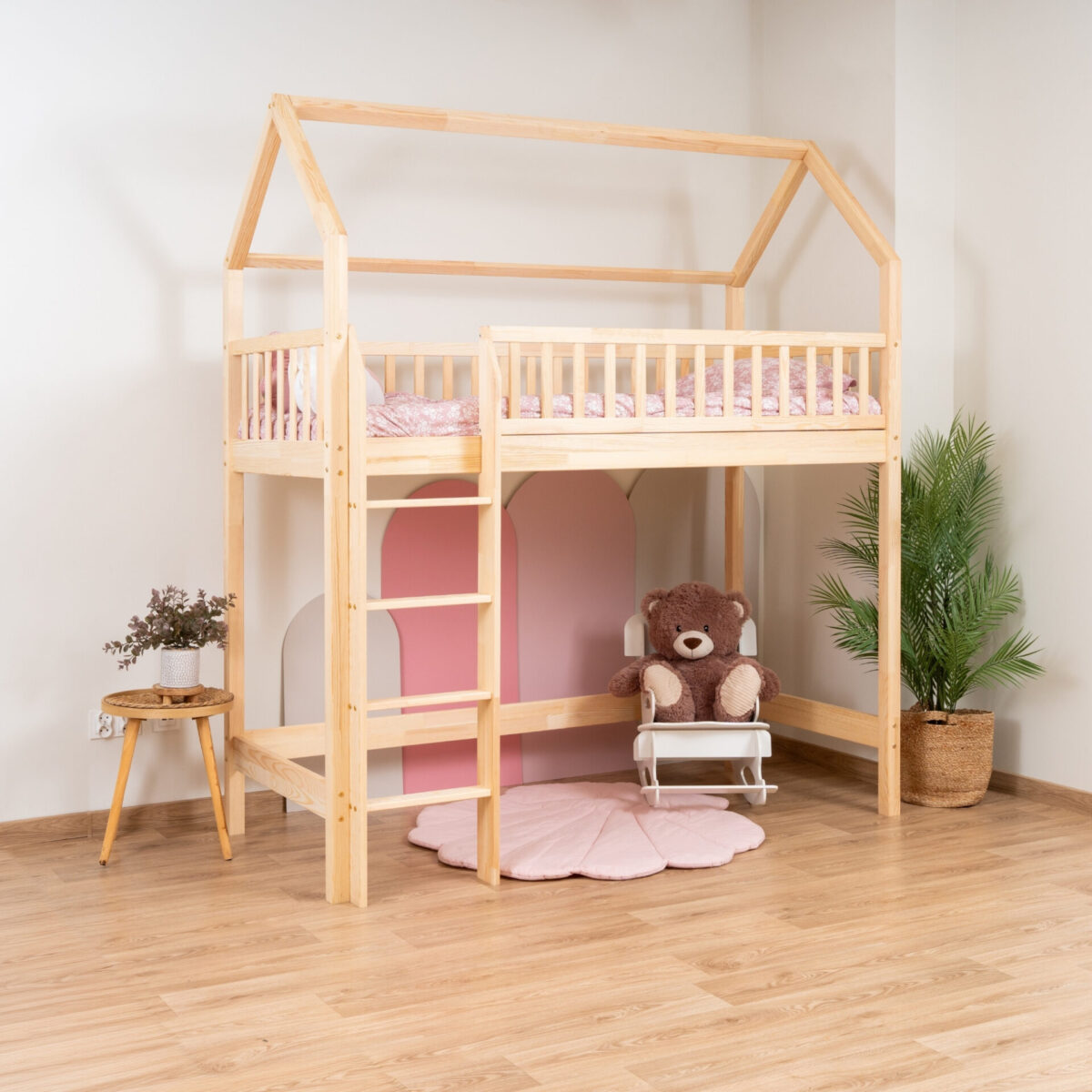 KOSMO Long Loft Bed in pine wood, natural pine