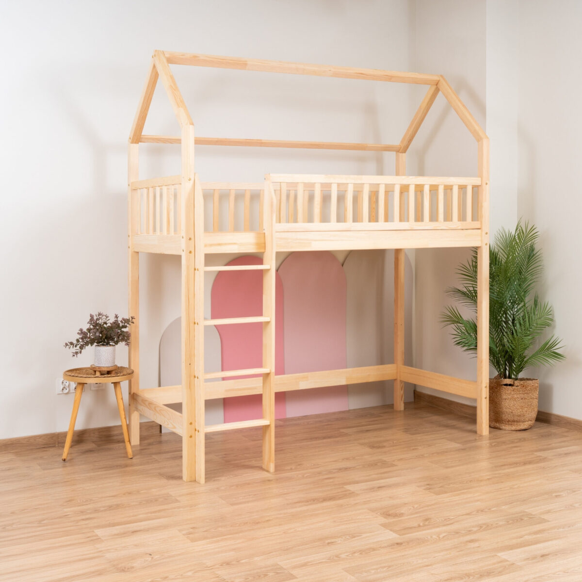 KOSMO Long Loft Bed in pine wood, natural pine