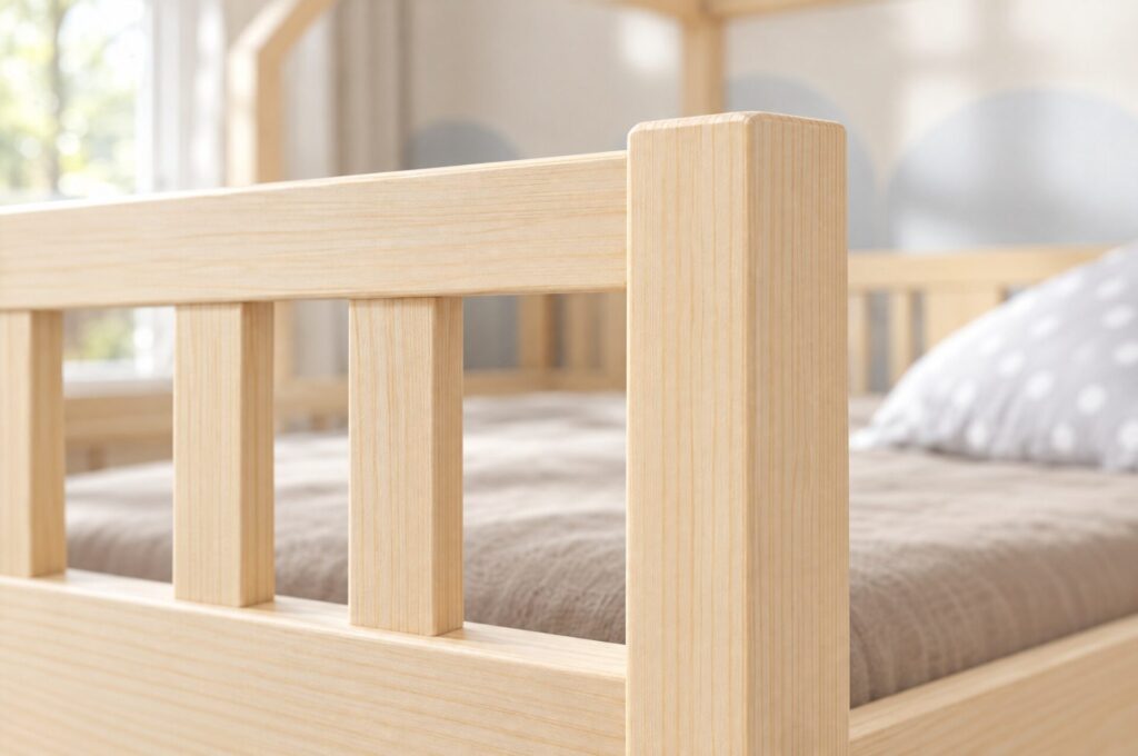 Close-up: pine wood post and slats